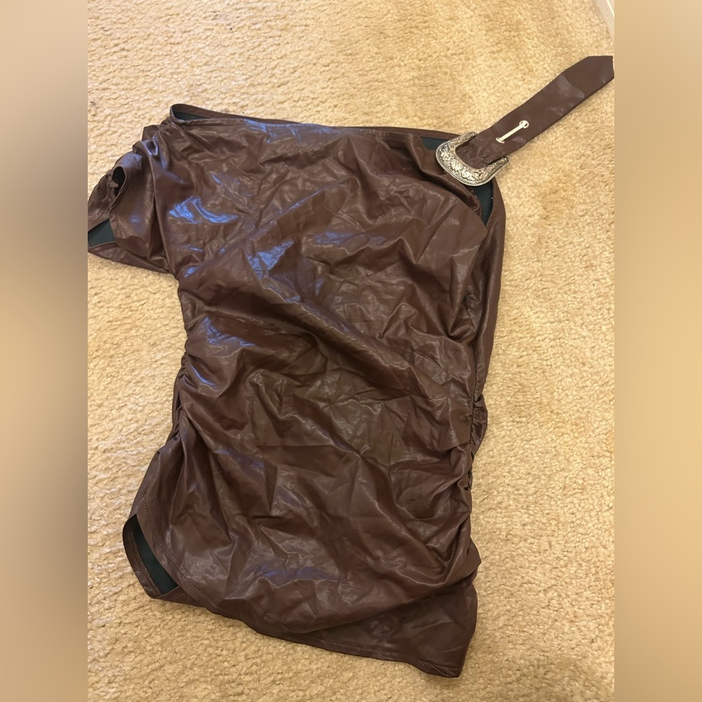 Brown One-Shoulder Top with Belt- PLT